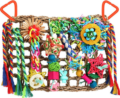 Cockatiel Foraging Wall with Colorful Toys for Birds Shredding Seagrass