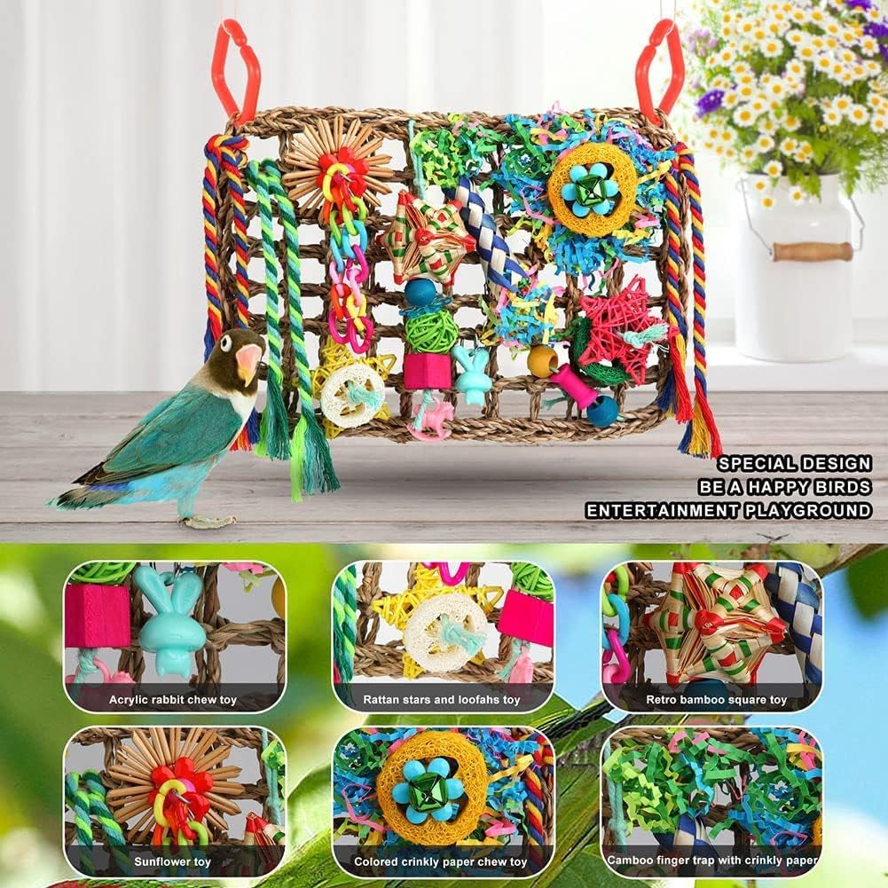 Cockatiel Foraging Wall with Colorful Toys for Birds Shredding Seagrass