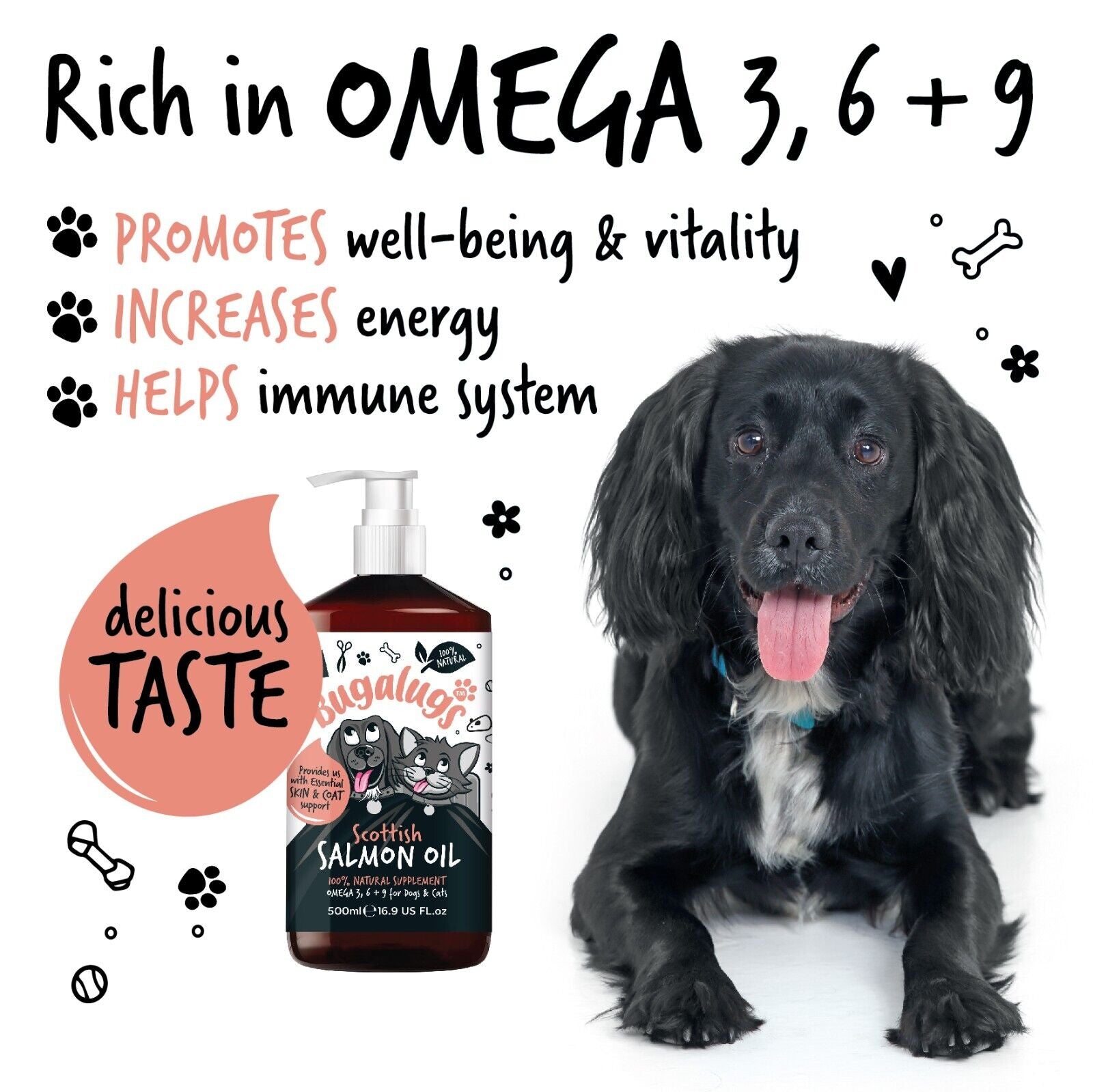 Bugalugs Dog Salmon Oil 100% Pure Dogs, Cats & Pets 500Ml, Healthy Skin & Coat
