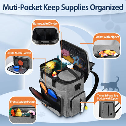 Outdoor Dog Organizer Bag with Bowl Set Traveling Storage Bag Large Multi-Function Pockets Pet Food Container Backpack